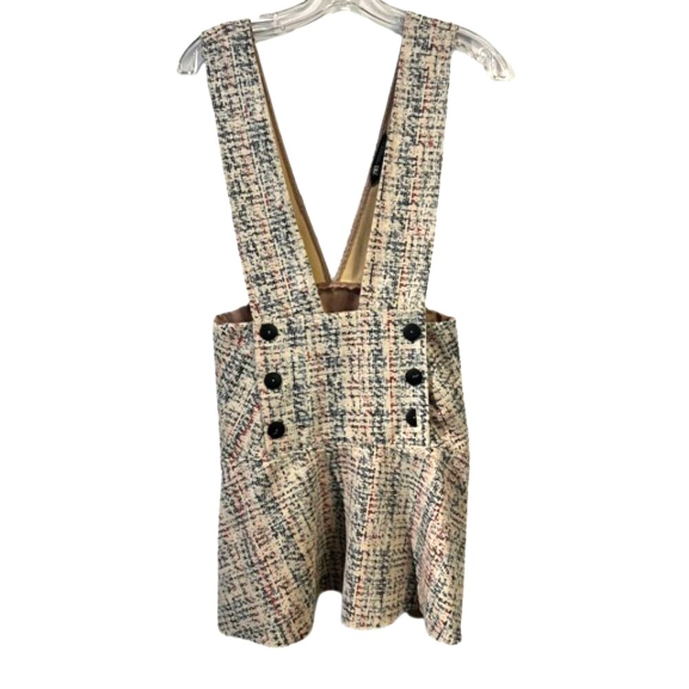 Zara Tweed Plaid Pinafore Jumper Dress Button Front V-Neck Cream Blue Red M